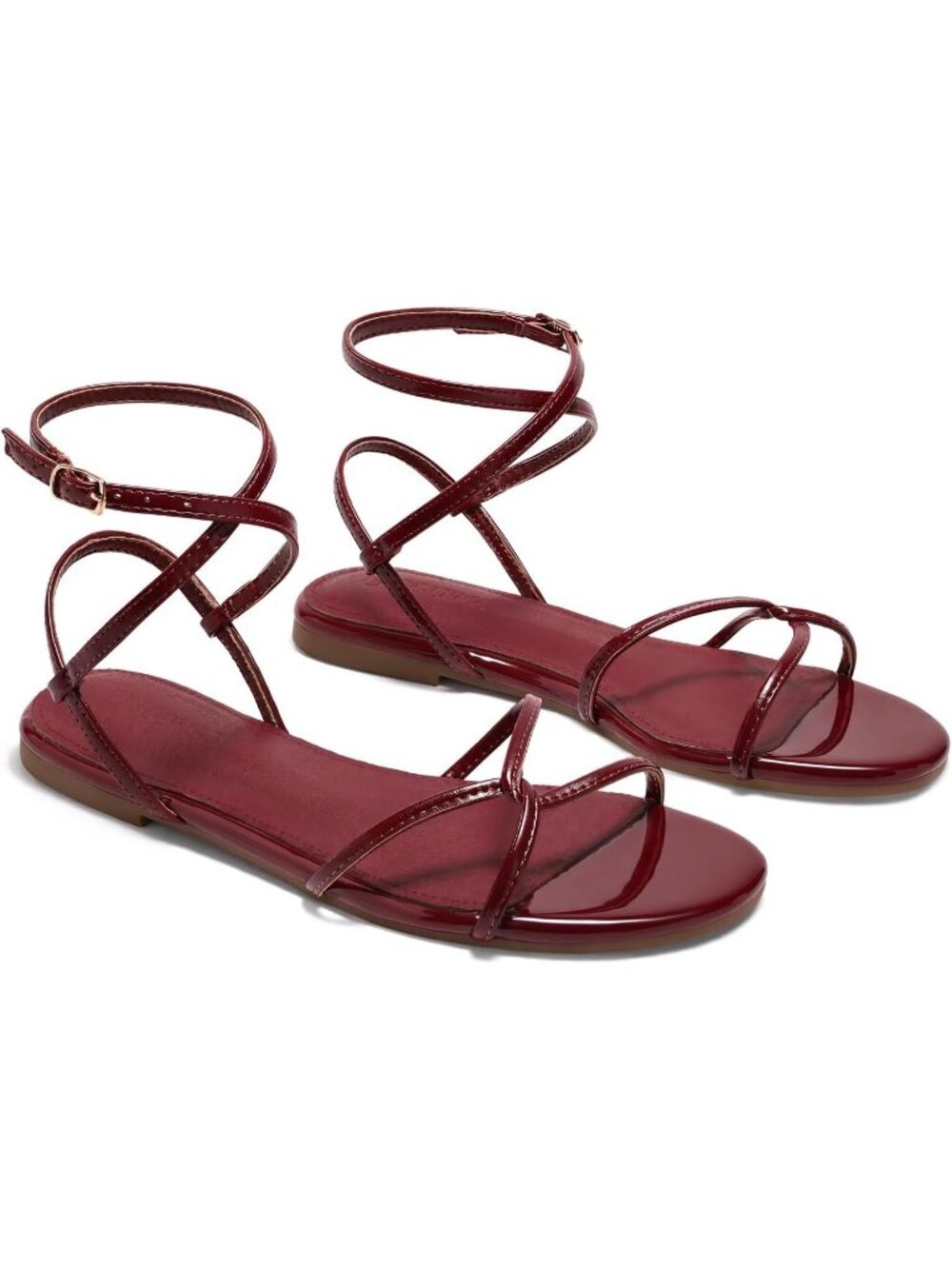 Women's Burgundy Strappy Flats Open Toe Cross Lace Up Buckle Ankle Strap Sandals